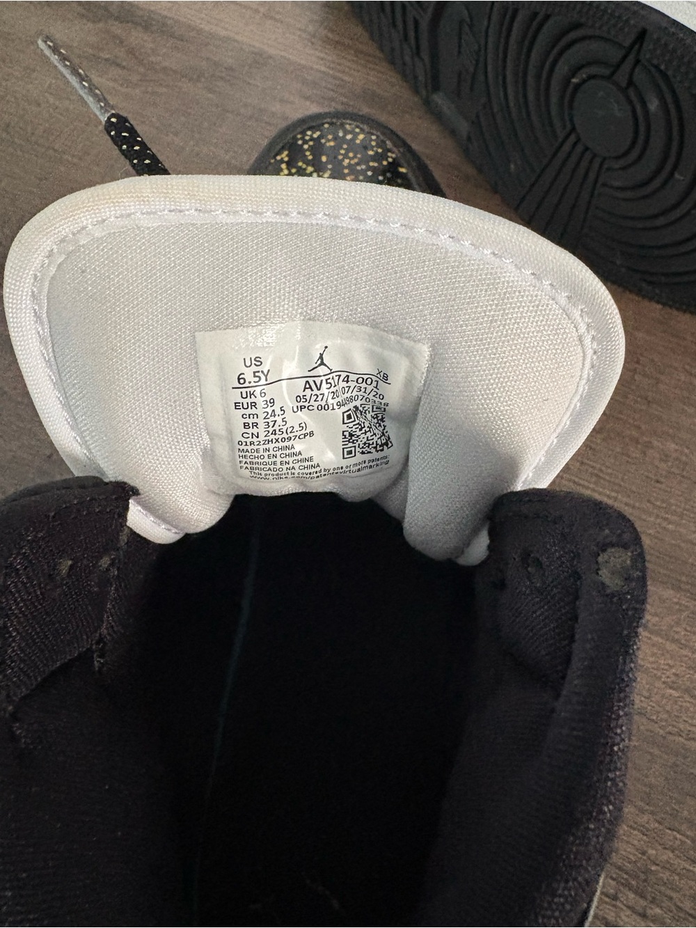 Jordan women’s Black High-Top Sneakers with White Swoosh and Gold Fleck - Picture 7 of 7